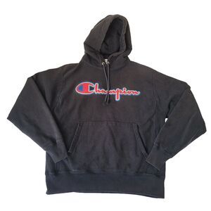 Champion Reverse Weave Hoodie Men’s Medium Black Red Blue Logo Pullover